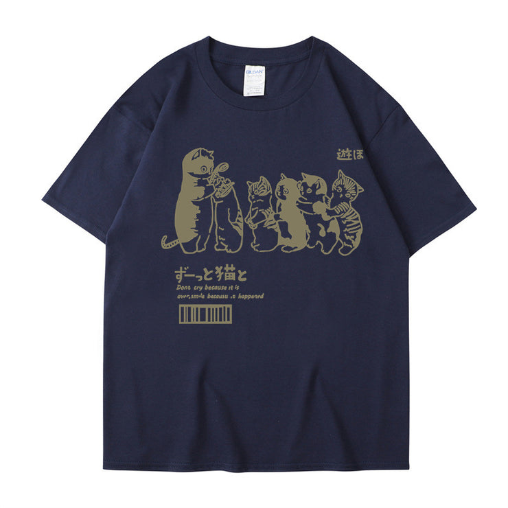 Japanese Cartoon Cat Shower Street Unisex Oversized T-Shirt, Cute Hip Hop Street tee Casual Cotton Summer Short Sleeveה 1 1 Navy Blue L 