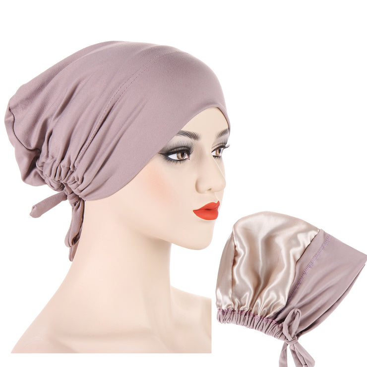 Satin Hijab Cap Full Cover Inner Jersey Hat Islamic Head Wear Stretch Turban Underscarf Bonnet Straps Headband Female loveyourmom Love Your Mom Camel  