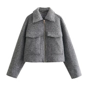 Elegant Gray Cropped Jacket for Women | Fashion Autumn Wool Blend Coat | Casual Chic Zippered Outerwear | Modern Lapel Design Female Chaquetas loveyourmom Love Your Mom Gray L 