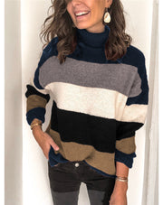 Women Striped Stitched Turtleneck Long-Sleeved Knitted Pullover Oversized Raglan Sleeve Tops for Women Fall loveyourmom Love Your Mom Navy Blue 2XL 