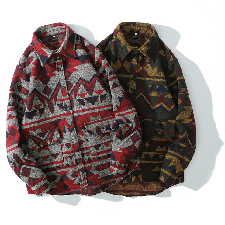 Aztec Print Lapel Pocketed Shacket Jacket, Cashmere Flannel Men Long Sleeve Streetwear Top, National Geometric Retro Clothes 1 1   
