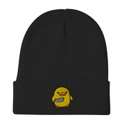 Chick with Knife Embroidered Beanie, Duck Knife Cap, Little Chicken Funny Internet Meme, Distressed denim hat  Love Your Mom Black  