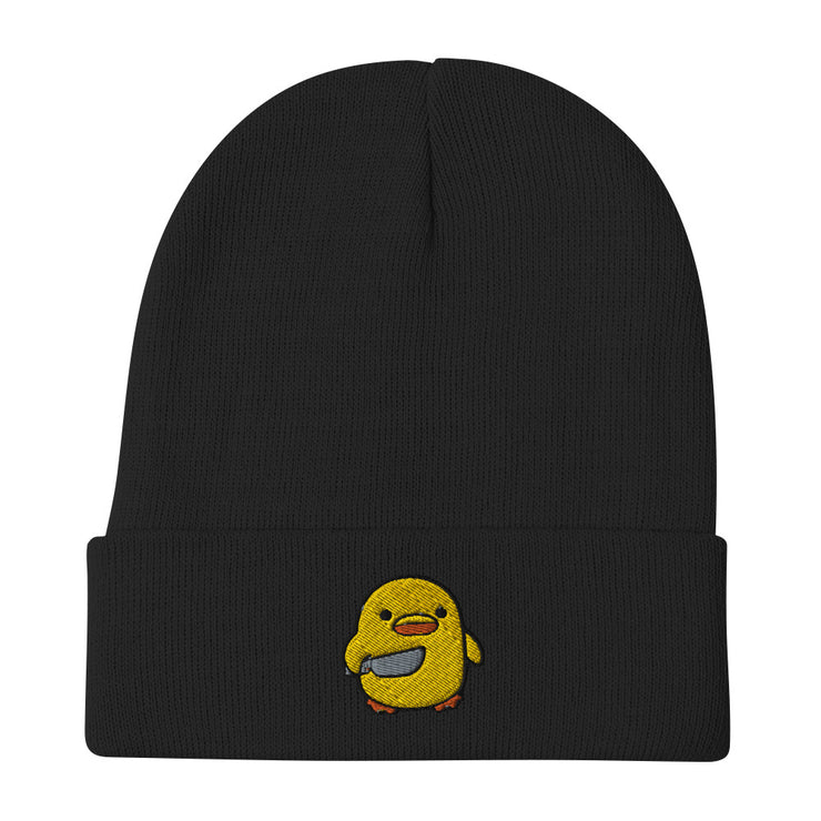 Chick with Knife Embroidered Beanie, Duck Knife Cap, Little Chicken Funny Internet Meme, Distressed denim hat  Love Your Mom  Black  