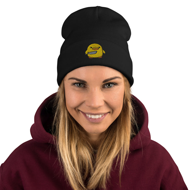 Chick with Knife Embroidered Beanie, Duck Knife Cap, Little Chicken Funny Internet Meme, Distressed denim hat  Love Your Mom   