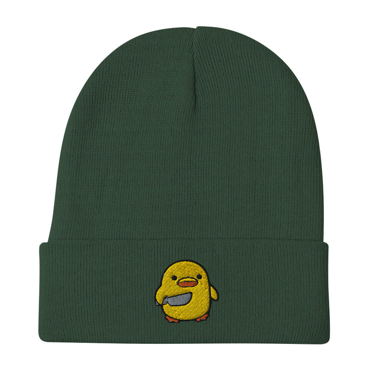 Chick with Knife Embroidered Beanie, Duck Knife Cap, Little Chicken Funny Internet Meme, Distressed denim hat  Love Your Mom  Dark green  