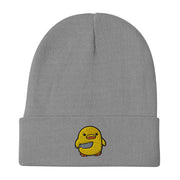 Chick with Knife Embroidered Beanie, Duck Knife Cap, Little Chicken Funny Internet Meme, Distressed denim hat  Love Your Mom  Gray  