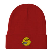 Chick with Knife Embroidered Beanie, Duck Knife Cap, Little Chicken Funny Internet Meme, Distressed denim hat  Love Your Mom  Red  
