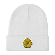 Chick with Knife Embroidered Beanie, Duck Knife Cap, Little Chicken Funny Internet Meme, Distressed denim hat  Love Your Mom White  