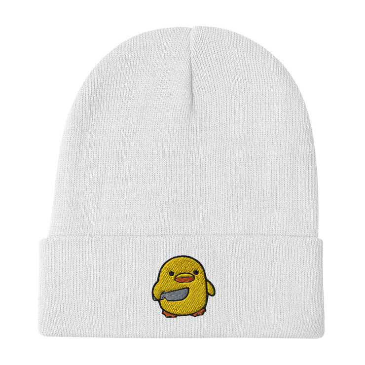 Chick with Knife Embroidered Beanie, Duck Knife Cap, Little Chicken Funny Internet Meme, Distressed denim hat  Love Your Mom White  