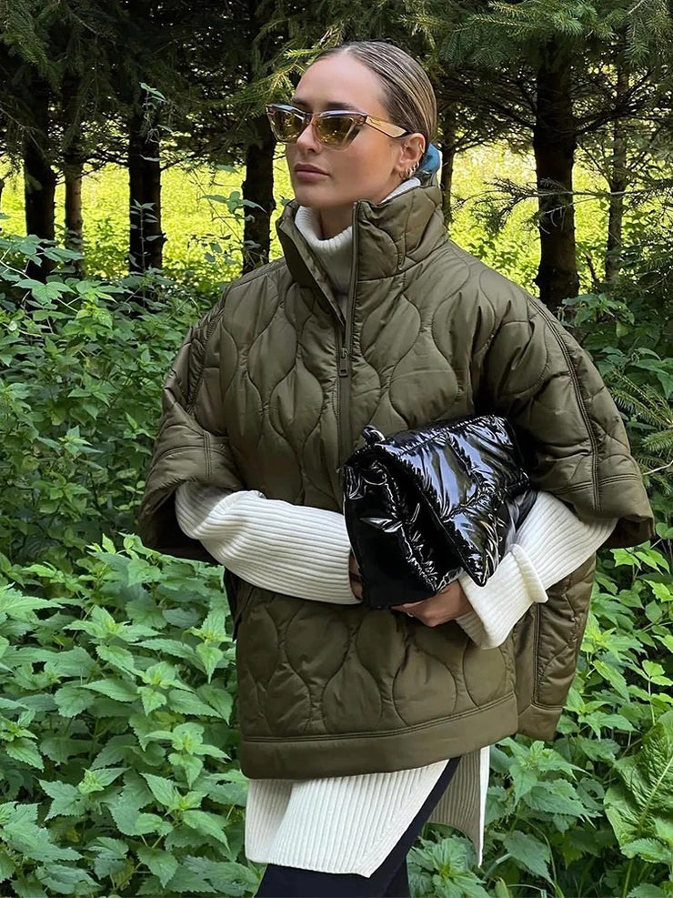 Berlin Quilted Argyle Coat Cape | Rainproof Autumn Spring Jacket Olive Green Casual Padded Parka | Oversize Turtleneck Coat - frühlingsoutfit damen 2024 übergangsjacke loveyourmom Love Your Mom   