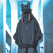 Raver Black Techno Pullover Cyberpunk Hoodie, Loose Fit Wrap Hooded Sweatshirt, Japanese Style Aesthetic Black Hoodie, Cozy Streetwear Hoodie, Western Hoodie 1 Love Your Mom   