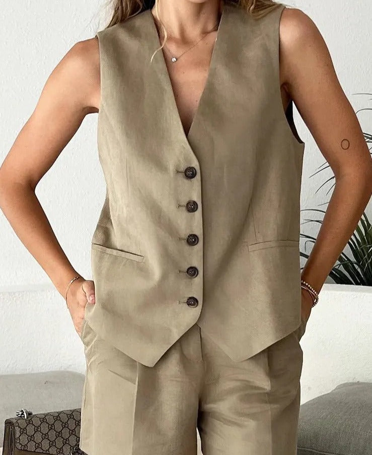 Paris Foridol Cotton Linen Brown Vest for Women | Sleeveless Button-Up V-Neck | Spring Summer Outfit with Pockets loveyourmom Love Your Mom   