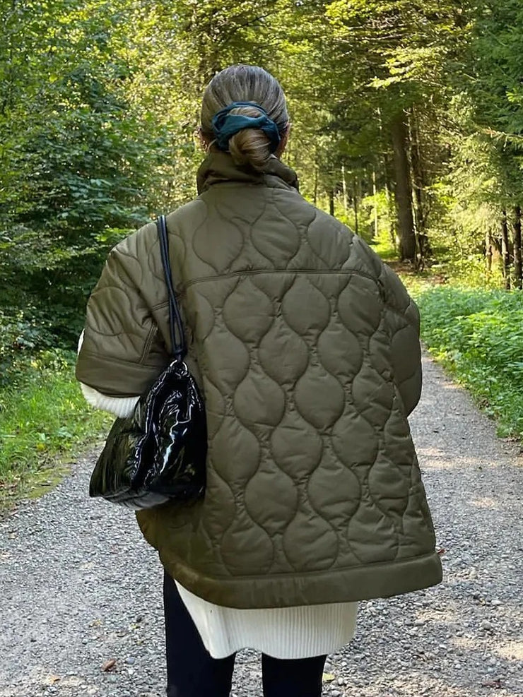 Berlin Quilted Argyle Coat Cape | Rainproof Autumn Spring Jacket Olive Green Casual Padded Parka | Oversize Turtleneck Coat - frühlingsoutfit damen 2024 übergangsjacke loveyourmom Love Your Mom   