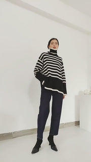 Striped Knit Turtleneck Sweater, Oversize Knitted Pullover Women Loose Casual Pure Cotton Sweater