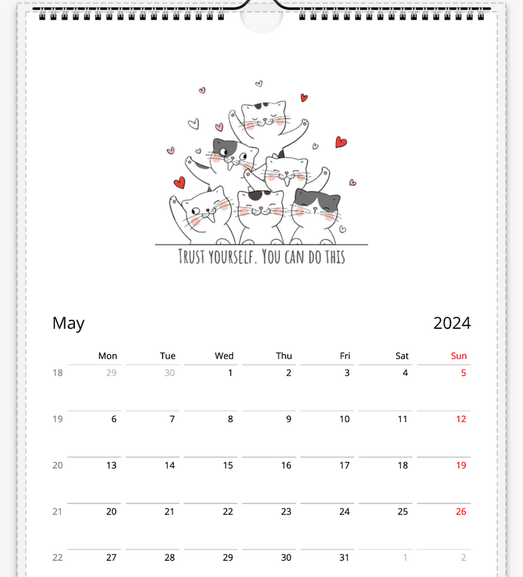 Cute Cat Motivation Calendar 2024, Monthly Calendar + Motivation Quotes, Illustrated 12 Month Calendar - Cat Lovers Owners Gift Print Material Love Your Mom    
