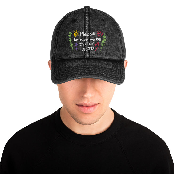 Please be nice i'm on Acid Vintage Hat, Ravers Festival Techno Cotton Twill Cap  Love Your Mom   