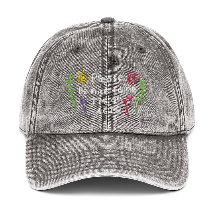 Please be nice i'm on Acid Vintage Hat, Ravers Festival Techno Cotton Twill Cap  Love Your Mom  Charcoal Grey  