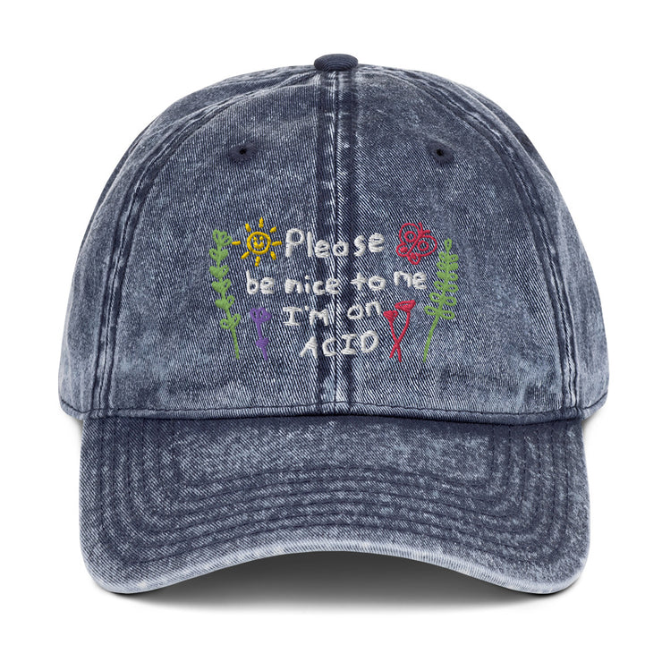 Please be nice i'm on Acid Vintage Hat, Ravers Festival Techno Cotton Twill Cap  Love Your Mom Navy  