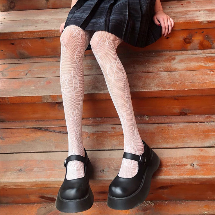 Black and White Fishnet Stockings | Cat Top Thigh Punk Stockings | Pantyhose Set for Women | Spring Black Hollow | Body Stockings Fish Net  wegodark White  