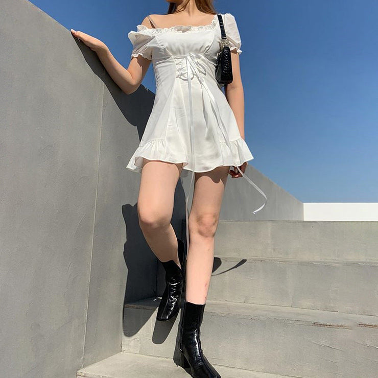 Bubble Sleeves with Agaric Edge Top | Strap Slim Dress | Elegant Bow Top | White Female Mini Dress | Cute Sexy French Romantic Silk Dress  wegodark   