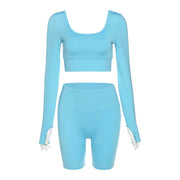 Summer Yoga Set Women Two 2 Piece Long Sleeve Crop Top T-Shirt Tight Shorts Sportsuit Workout Outfit Gym Sport Set  wegodark S blue 