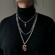 Multi-Layer Chain Necklace Punk Cross Pendant Necklace, Metal Chains Hip Hop Goth  wegodark Cross3pcs  
