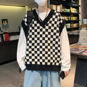 V-Neck Vest Chessboard Knit Coat, Check Knit Vest, Streetwear Y2K Sweater Vest, Oversized Crochet Pullover Vest, Cottagecore Sweaterv 0 WeCrafty   