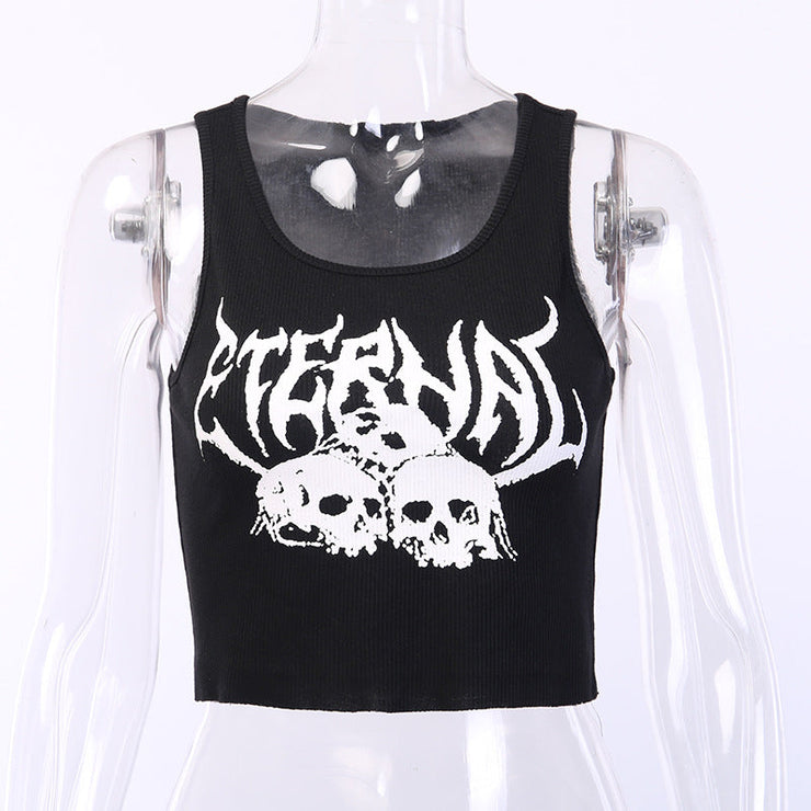 Y2K Streetwear Punk Goth Crop Tops, Women's Skull Print Vest Top Black White Fashion Round Neck Sleeveless Slim  wegodark L Black 