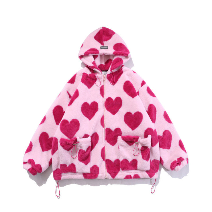 Kawaii Heart Shaped Printed Plush Jacket, Women Winter Korean Version Long Sleeve Hooded Thickened Warm Couple Streetwear 0 WeCrafty   