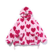 Kawaii Heart Shaped Printed Plush Jacket, Women Winter Korean Version Long Sleeve Hooded Thickened Warm Couple Streetwear 0 WeCrafty Pink L 