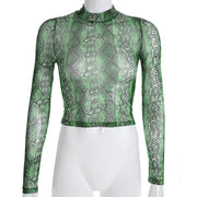 Green Snake Perspective Mesh Top | Women Mesh Top Long Sleeve Transparent Snakeskin Female T-Shirt | Women Casual Green Print T-Shirt  wegodark L green 