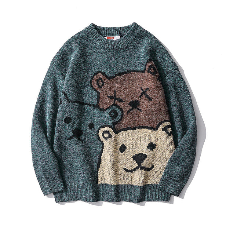 Cute Bear Cartoon Sweater | Trend Couple Loose Round Neck Lazy Knit Sweater | Pullover Cartoon Print Jumper | Bear Print Jumper | Harajuku Print Sweater  wegodark M Blue 