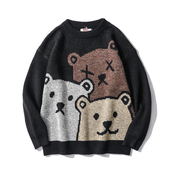 Cute Bear Cartoon Sweater | Trend Couple Loose Round Neck Lazy Knit Sweater | Pullover Cartoon Print Jumper | Bear Print Jumper | Harajuku Print Sweater  wegodark M Black 
