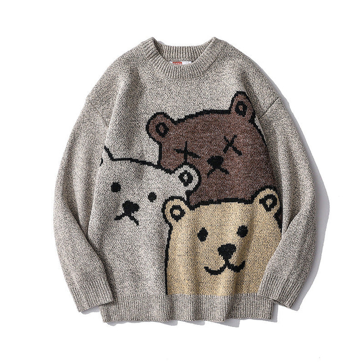Cute Bear Cartoon Sweater | Trend Couple Loose Round Neck Lazy Knit Sweater | Pullover Cartoon Print Jumper | Bear Print Jumper | Harajuku Print Sweater  wegodark   