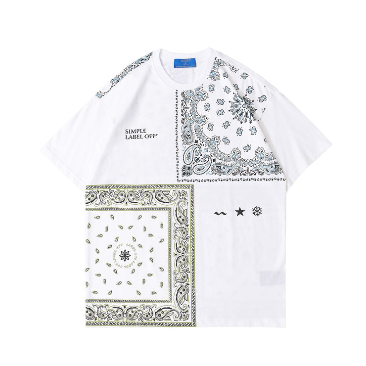 Cashew Flower T-Shirt | Loose Couple Short Sleeve Tee | Scarf & Letter Gang Graphic Tee | Paisley Pattern Printed Tee | Streetwear Short Sleeve  wegodark   