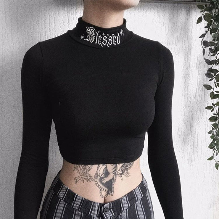Tight-Fitting Long-Sleeved Women t-Shirt | Girl Design High-necked Top | Turtle Neck Cropped T'shirts | Harajuku Letter Embroidery Short Top  wegodark   