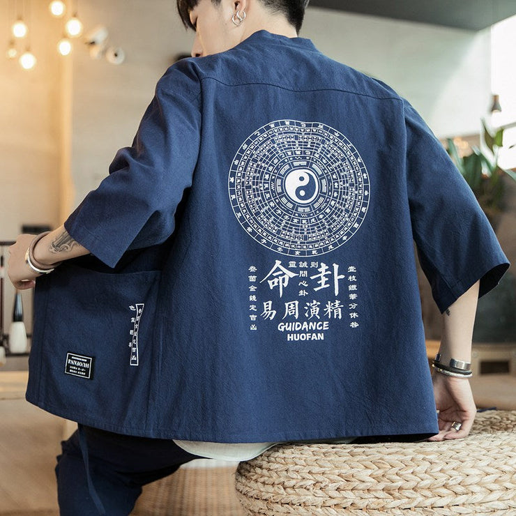 Chinese Style Cardigan Kimono | Yin Yang Print Streetwear Hip-Hop | Chinese Style Kimono | Japanese Print Coat | Samurai Style Male Cardigan  wegodark M NavyBlue 