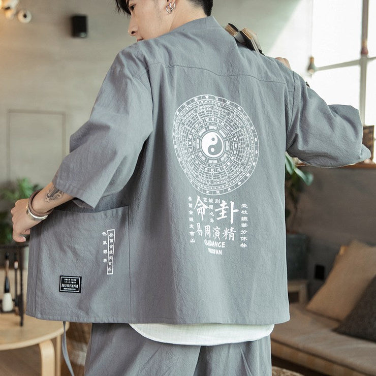 Chinese Style Cardigan Kimono | Yin Yang Print Streetwear Hip-Hop | Chinese Style Kimono | Japanese Print Coat | Samurai Style Male Cardigan  wegodark M Grey 