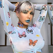 Sexy Perspective Butterfly Sleeve See Through Beach Club Tops T-Shirts ,Summer Print Mesh Sheer  wegodark   