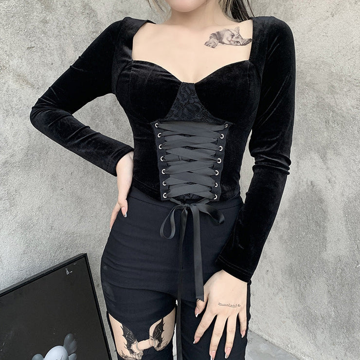 Women Lace Up V neck Top  Long Sleeve Bustier Corset Tops