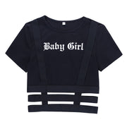 Baby Gril Crop Top Black T-shirt with Elastic Bands | Style: Goth - Punk - Grunge - Vampire - E-girl - Sexy - Gothic  wegodark S Black 