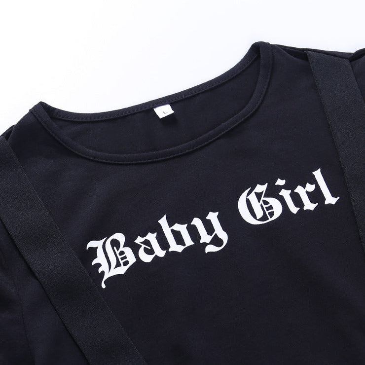 Baby Gril Crop Top Black T-shirt with Elastic Bands | Style: Goth - Punk - Grunge - Vampire - E-girl - Sexy - Gothic  wegodark   