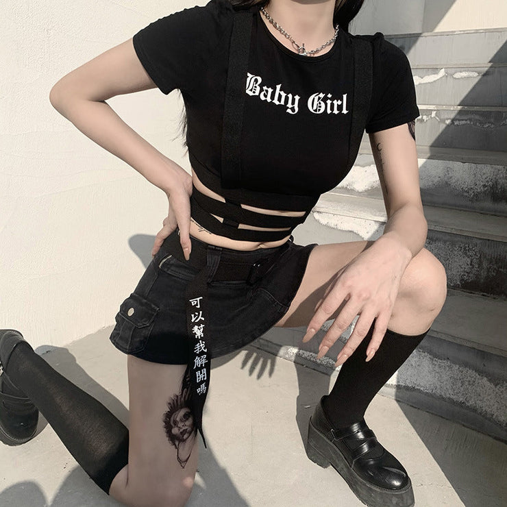 Baby Gril Crop Top Black T-shirt with Elastic Bands | Style: Goth - Punk - Grunge - Vampire - E-girl - Sexy - Gothic  wegodark   