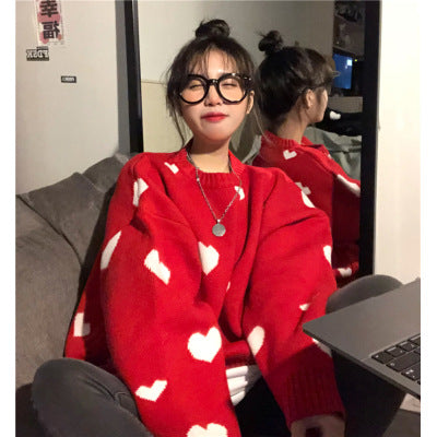 Sweater Korean Tops Pullover Long-Sleeve Love-Heart-Knitted O-Neck B037 Causal Nomikuma 0 WeCrafty Red One size 