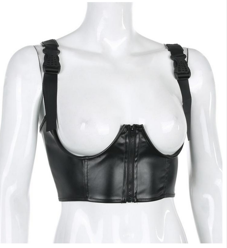 Leather Bustier Crop Top Gothic Punk Buckle Camisole Corset for Club Party Festival Rave Outfitat Waistcoat  wegodark   