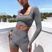 Summer Yoga Set Women Two 2 Piece Long Sleeve Crop Top T-Shirt Tight Shorts Sportsuit Workout Outfit Gym Sport Set  wegodark S Grey 