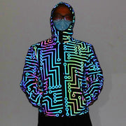 nightclub dancer reflective jacket Suit, circuit geometric pattern rainbow color  hip-hop mechanical dance Hooded coat  wegodark XXL Black 