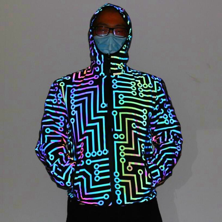nightclub dancer reflective jacket Suit, circuit geometric pattern rainbow color  hip-hop mechanical dance Hooded coat  wegodark XXL Black 