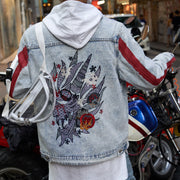 Hip Hop Jacket Streetwear Embroidery Denim Jacket Graffiti Harajuku Red Striped Denim  wegodark   