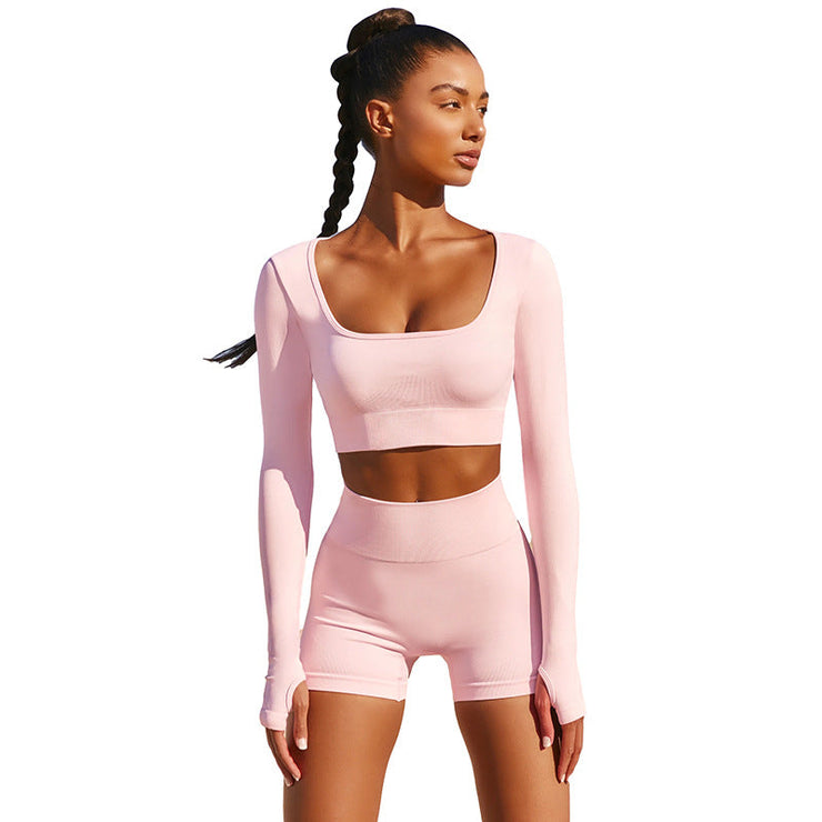 Summer Yoga Set Women Two 2 Piece Long Sleeve Crop Top T-Shirt Tight Shorts Sportsuit Workout Outfit Gym Sport Set  wegodark   